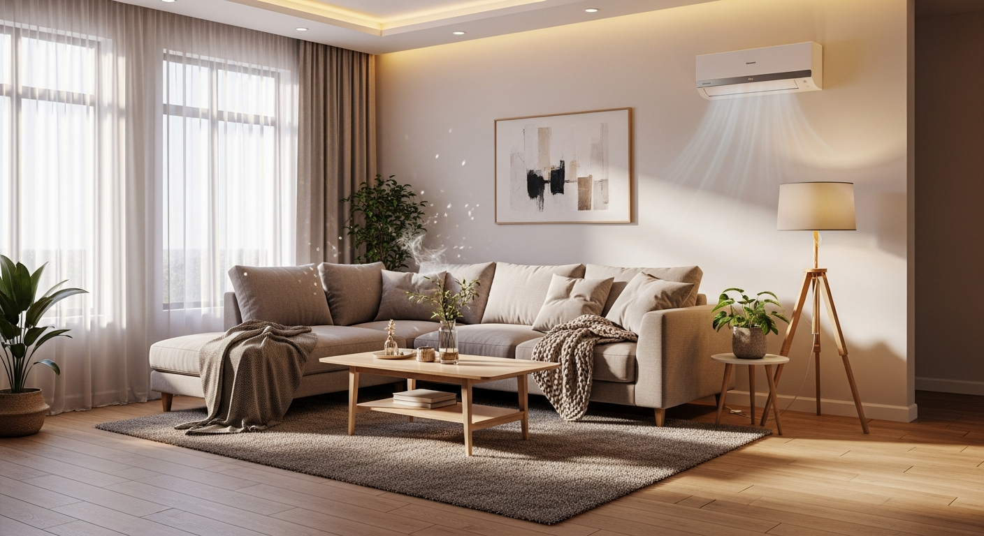 Ductless mini-split system providing comfortable heating and cooling in a living room