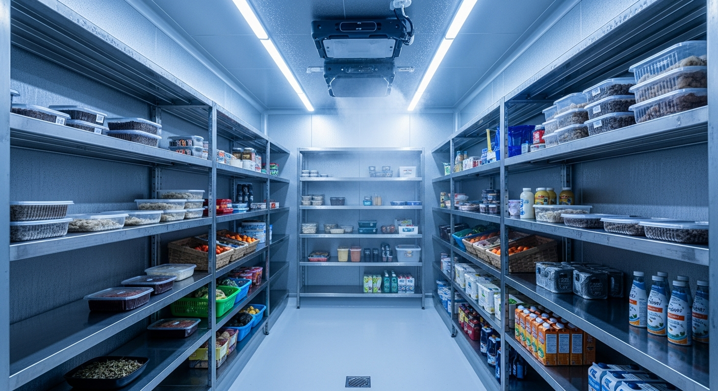 Interior of a clean commercial walk-in refrigeration cooler