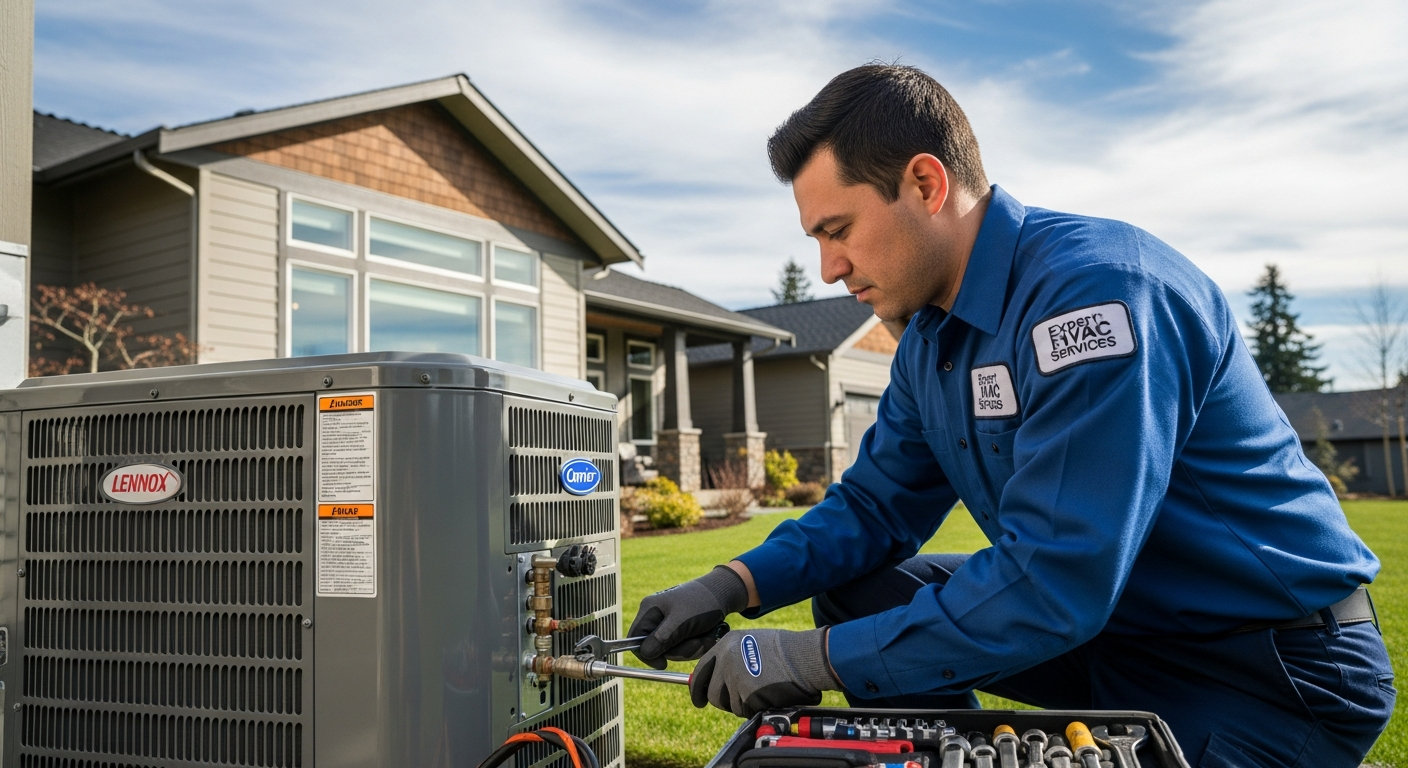Twin City Service technician servicing a high-efficiency air conditioning unit in Kelso, WA